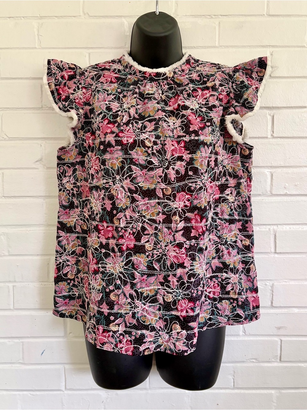 Voy Multicolor Floral Ruffle Sleeve Top w/ Tie Back, SZ S